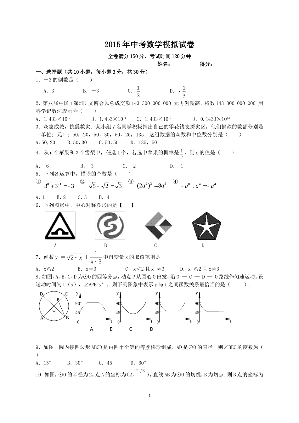 2015年中考数学模拟试卷_第1页