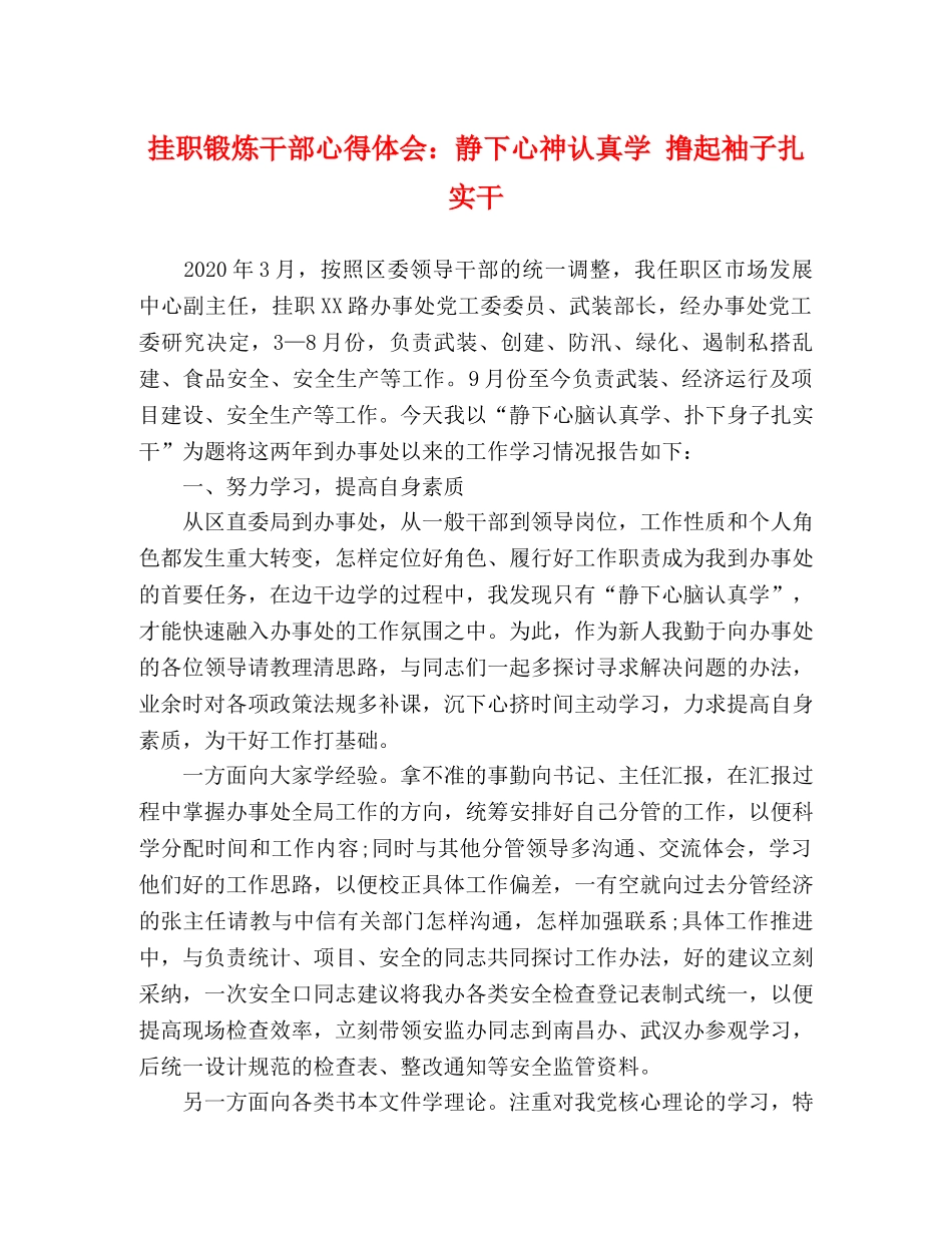 挂职锻炼干部心得体会：静下心神认真学 撸起袖子扎实干 _第1页