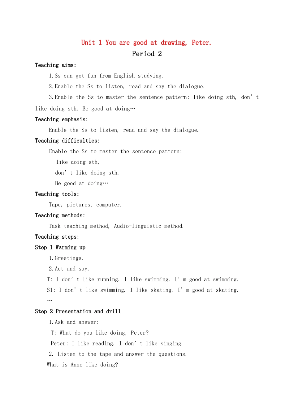 六级英语下册 Unit 1 You are good at drawing, Peter period2教案 湘少版_第1页