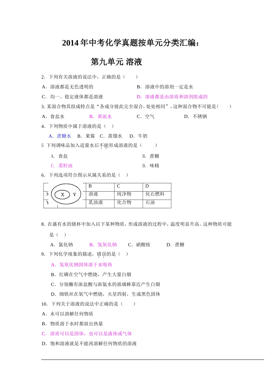 2014年中考化学真题按单元分类汇编：第九单元__溶液1 (2)_第1页