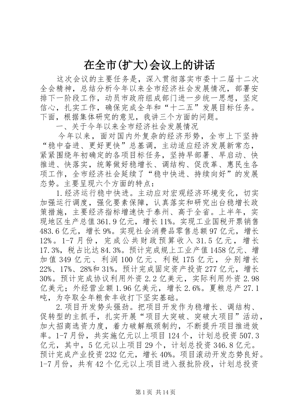 在全市(扩大)会议上的讲话发言_第1页