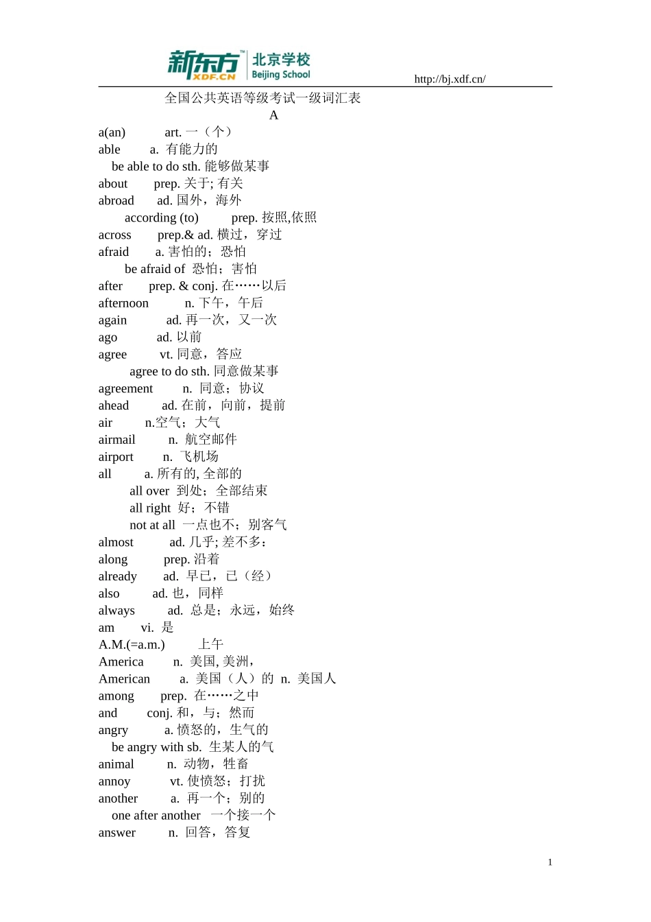 全国英语等级考试一级词汇表_第1页