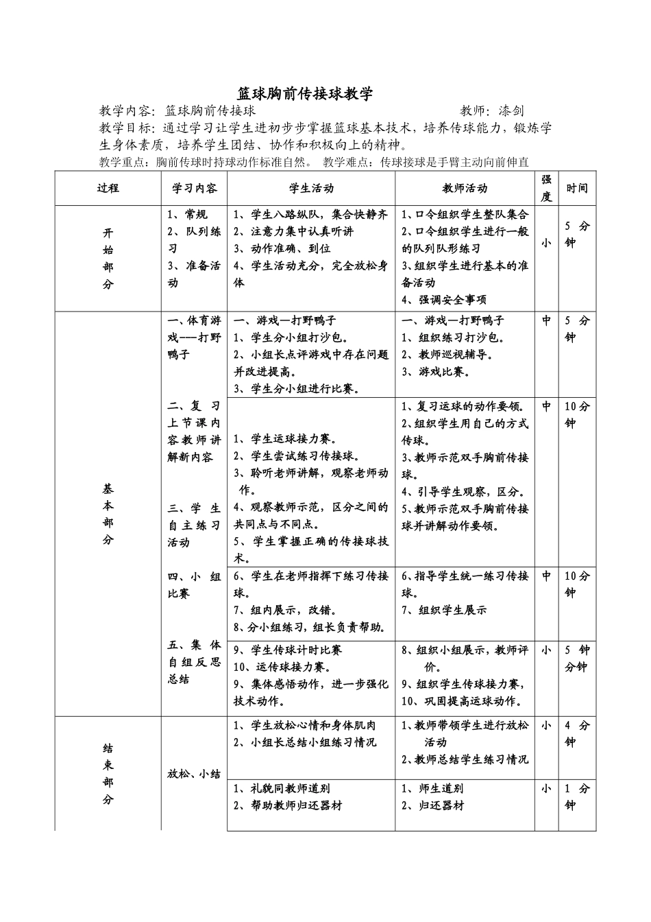 篮球胸前传接球教学教案_第1页