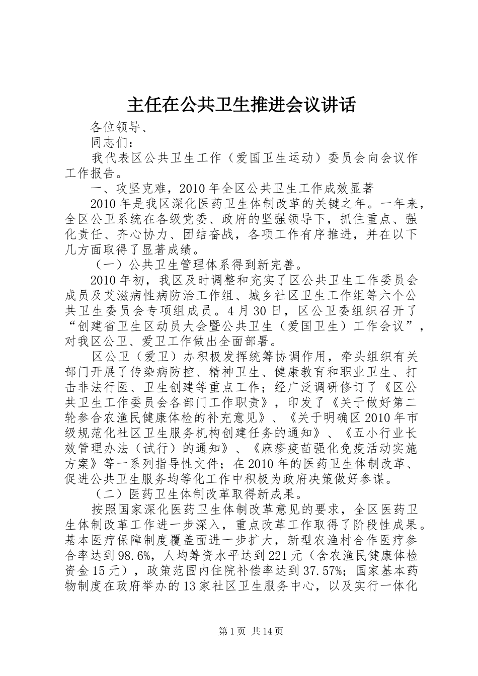 主任在公共卫生推进会议讲话发言_第1页