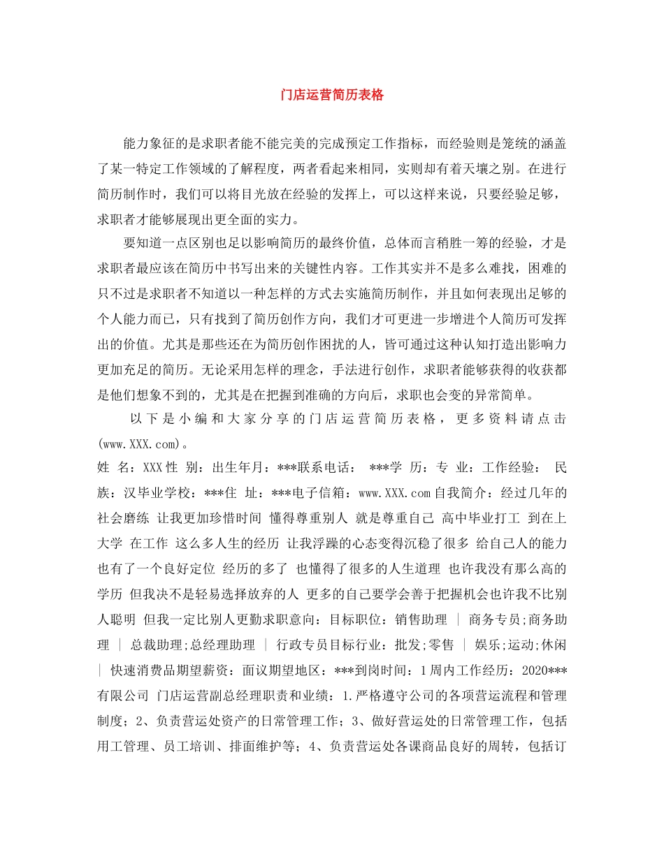 门店运营简历表格 _第1页