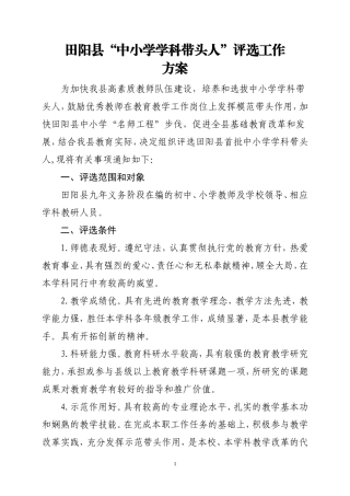 田阳县优秀学科带头人评选工作方案