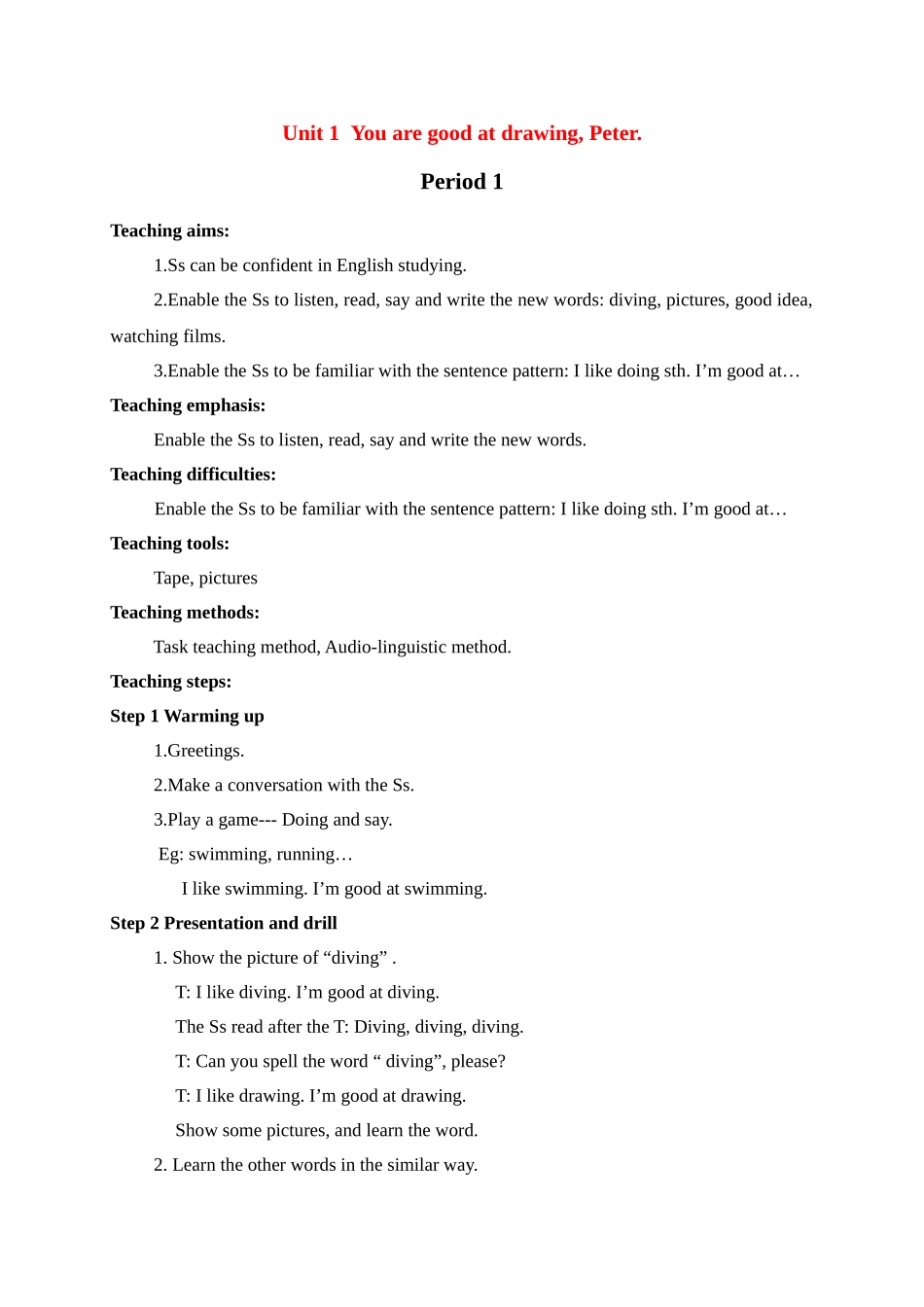 六级英语下册 Unit 1 You are good at drawing, Peter period1教案 湘少版_第1页
