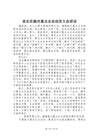 县长在振兴重点企业动员大会讲话发言