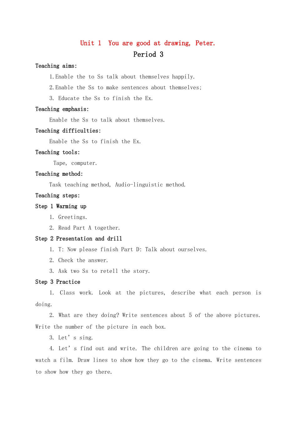 六级英语下册 Unit 1 You are good at drawing, Peter period3教案 湘少版_第1页