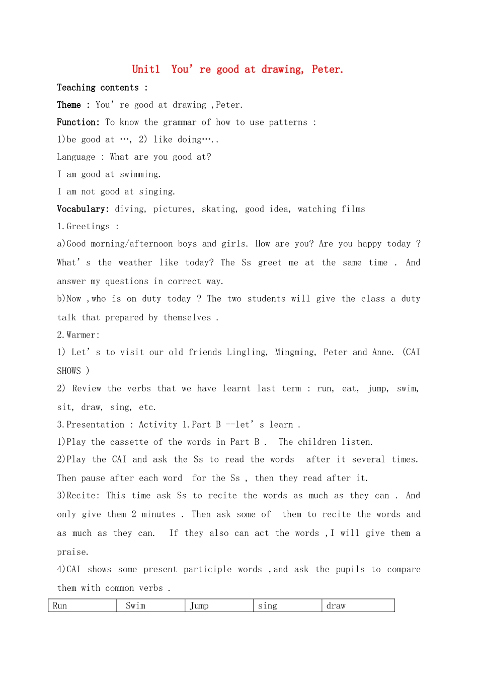 六级英语下册 Unit 1 You are good at drawing, Peter教案 湘少版_第1页