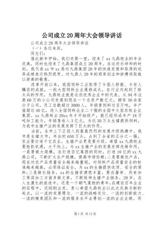 公司成立20周年大会领导讲话发言