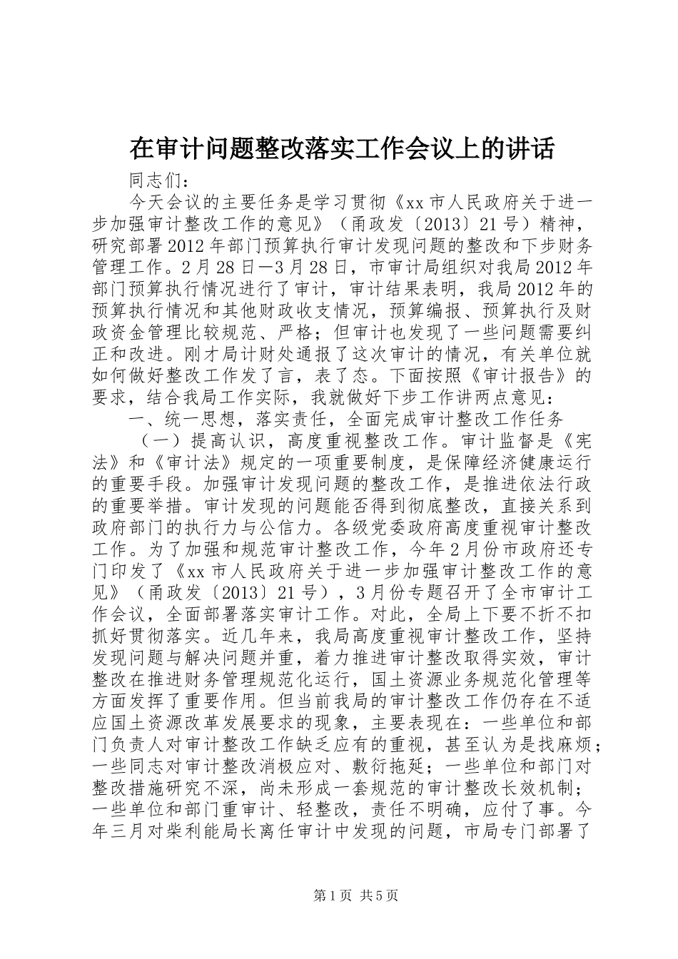 在审计问题整改落实工作会议上的讲话发言_第1页