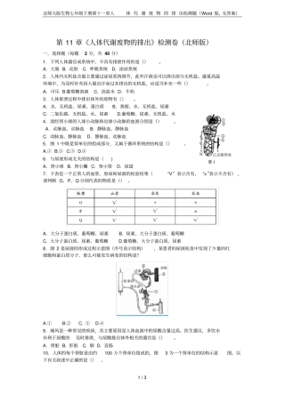 北师大版生物七年级下册人体代谢废物的排出检测题版,无答案