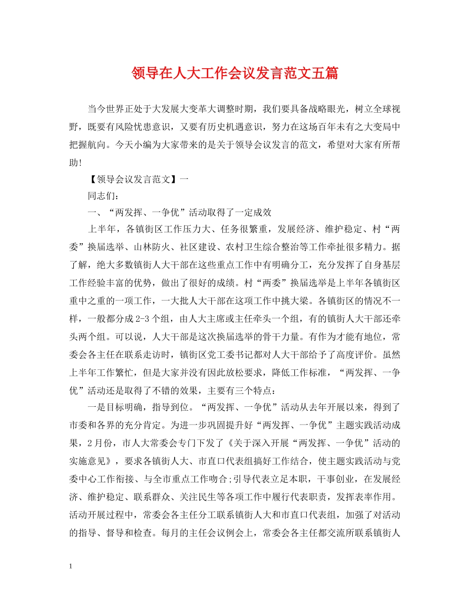 领导在人大工作会议发言范文五篇 _第1页