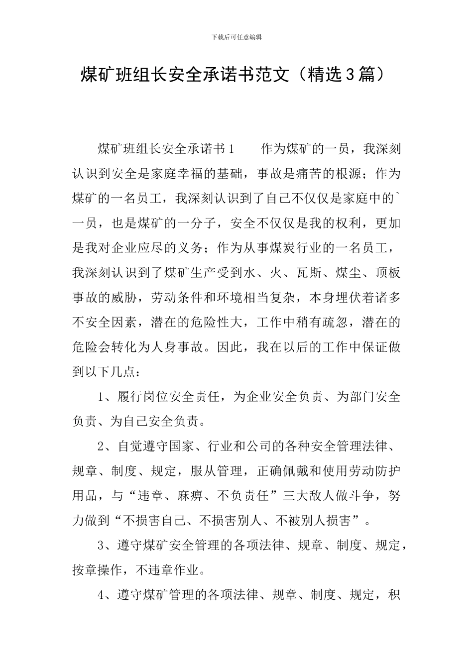 煤矿班组长安全承诺书范文_第1页