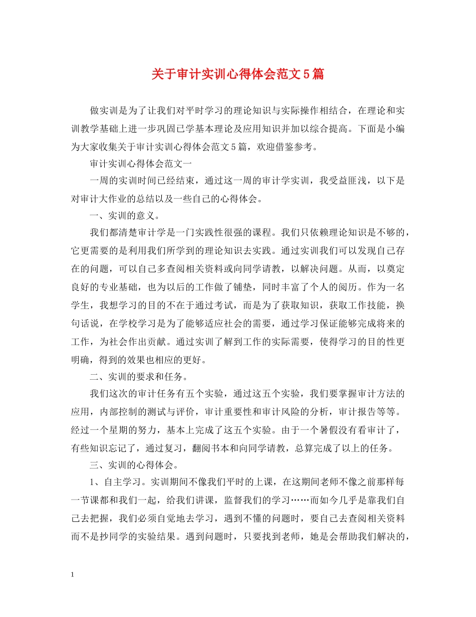 关于审计实训心得体会范文5篇 _第1页