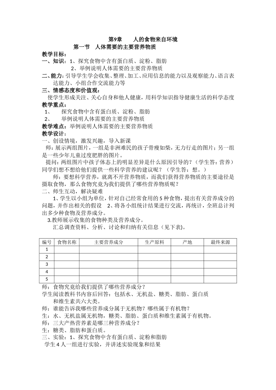 【苏教版】七年级生物下册《91_人体需要的主要营养物质》教案_第1页