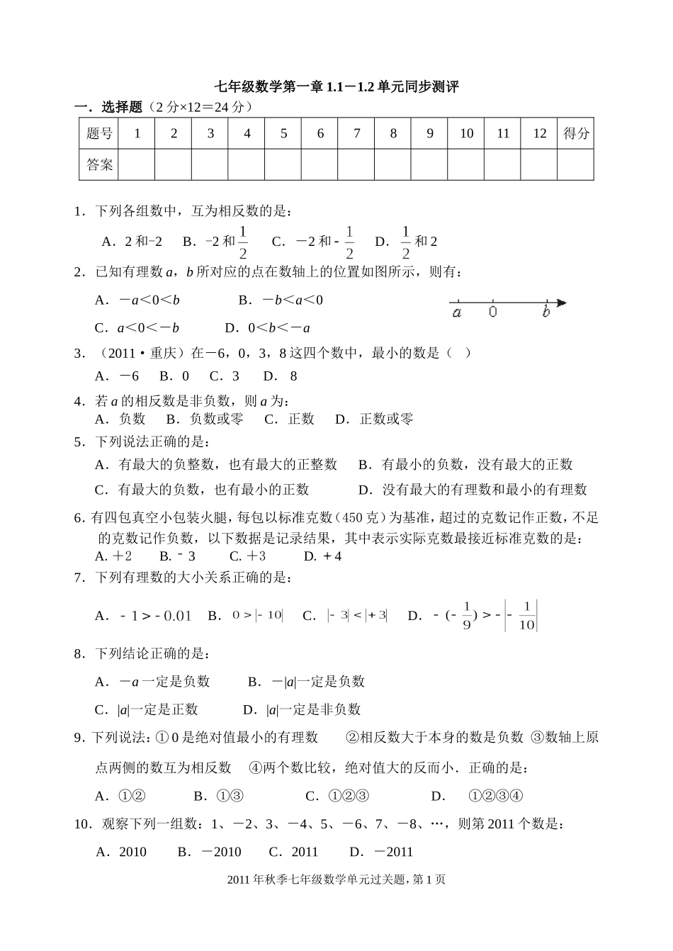 七年级数学单元过关题(2011秋）_第1页