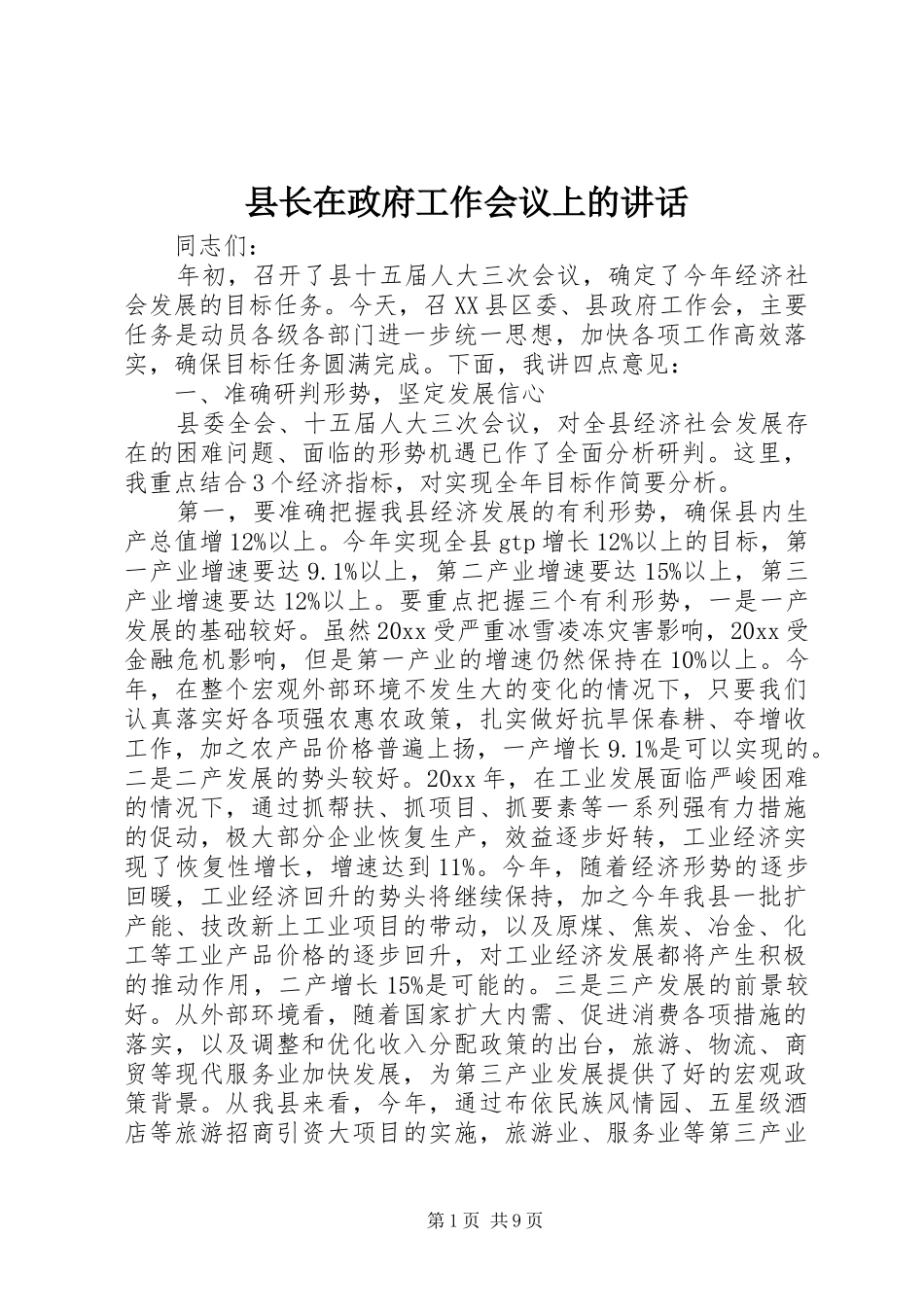县长在政府工作会议上的讲话发言_第1页