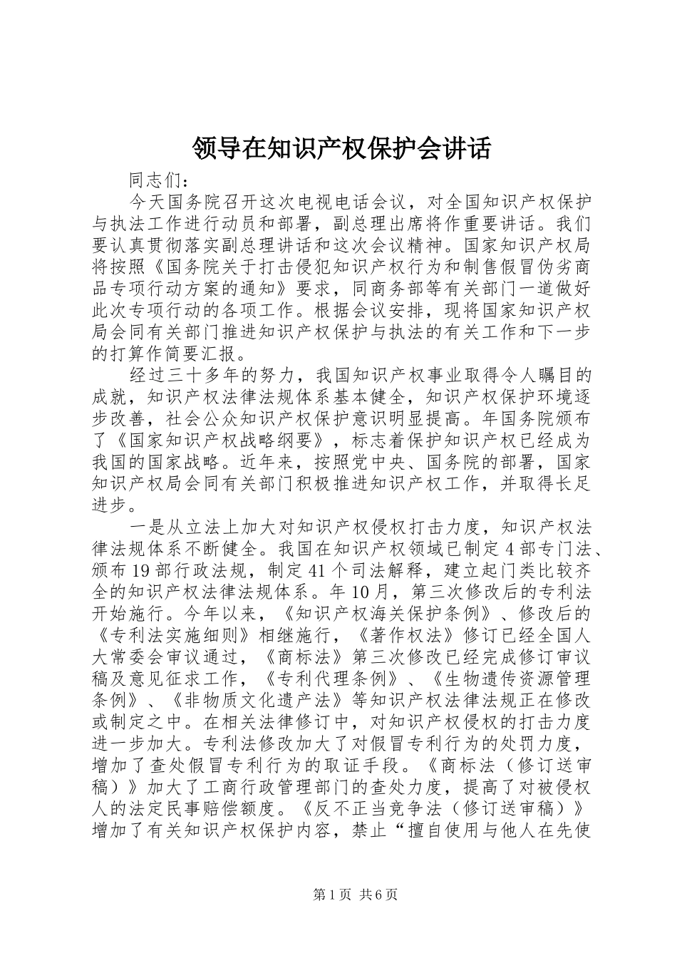 领导在知识产权保护会讲话发言_第1页