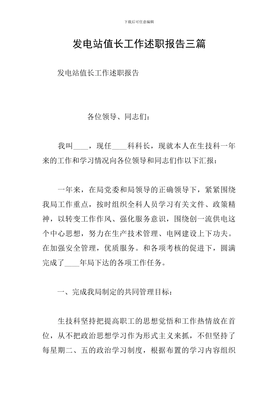 发电站值长工作述职报告三篇_第1页