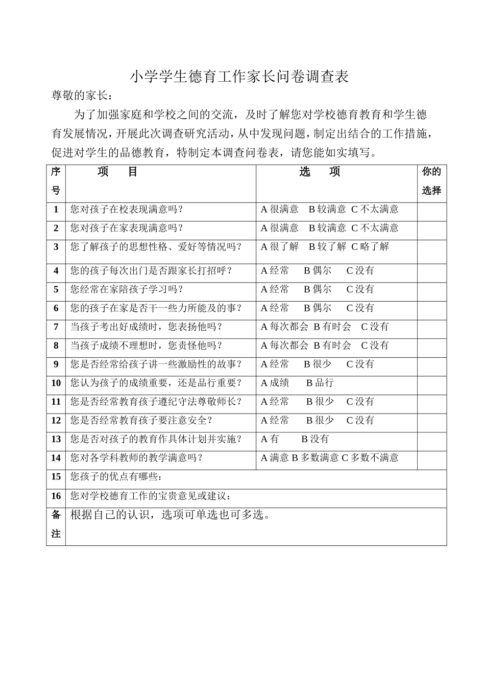 小学学生德育工作家长问卷调查表_第1页