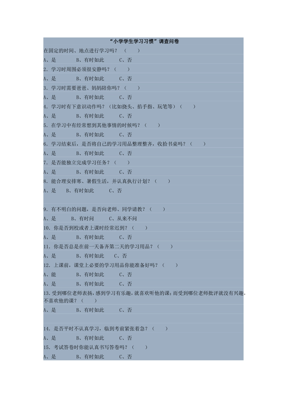 小学学生学习习惯调查问卷_第1页