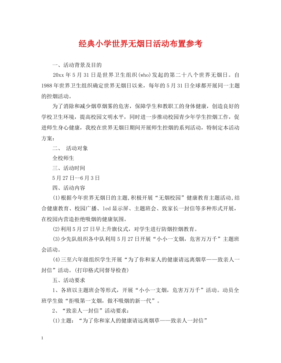 经典小学世界无烟日活动布置参考 _第1页