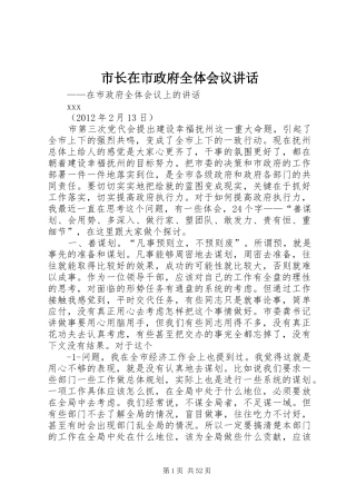 市长在市政府全体会议讲话发言