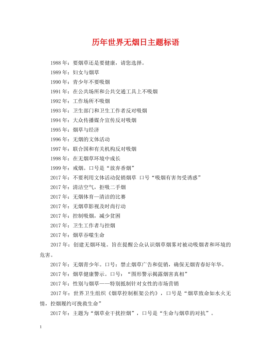 历年世界无烟日主题标语 _第1页