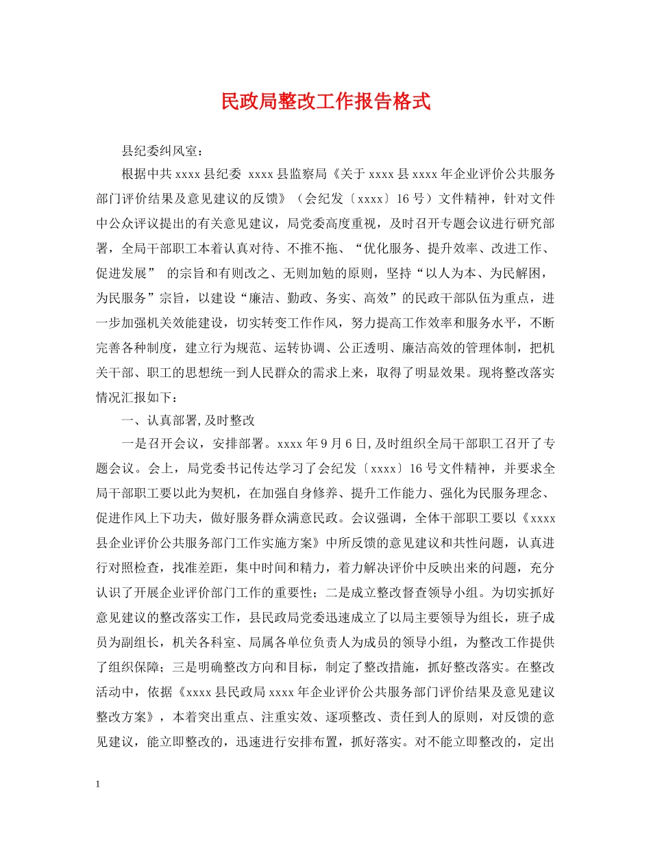 民政局整改工作报告格式 _第1页
