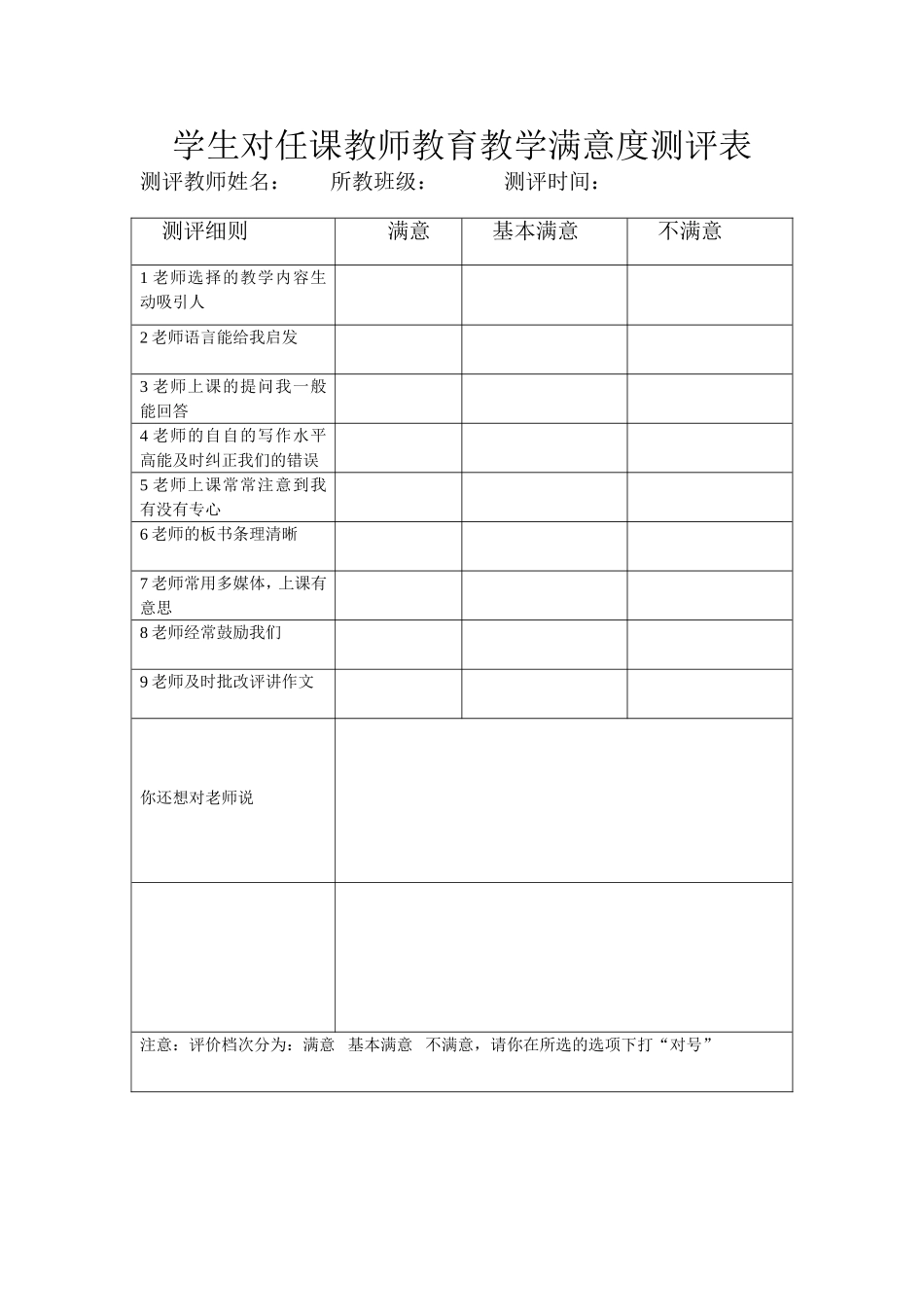 学生对任课教师教育教学满意度测评表_第1页
