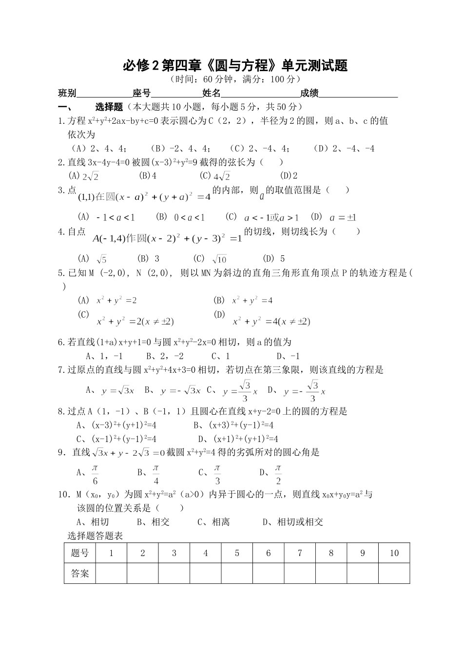 必修2第四章《圆与方程》单元测试题_第1页