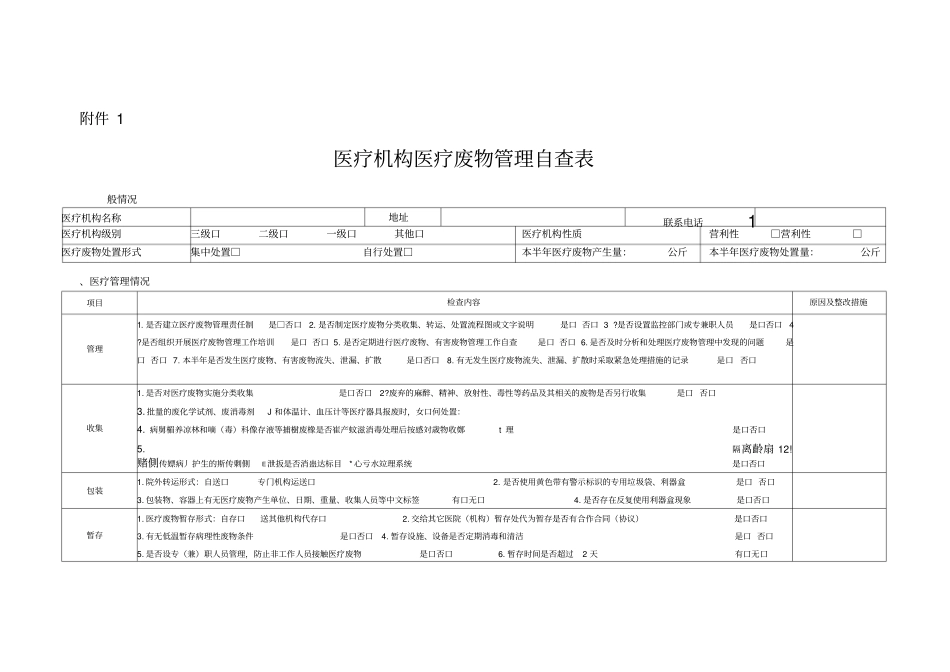医疗机构医疗废物管理自查表_第1页