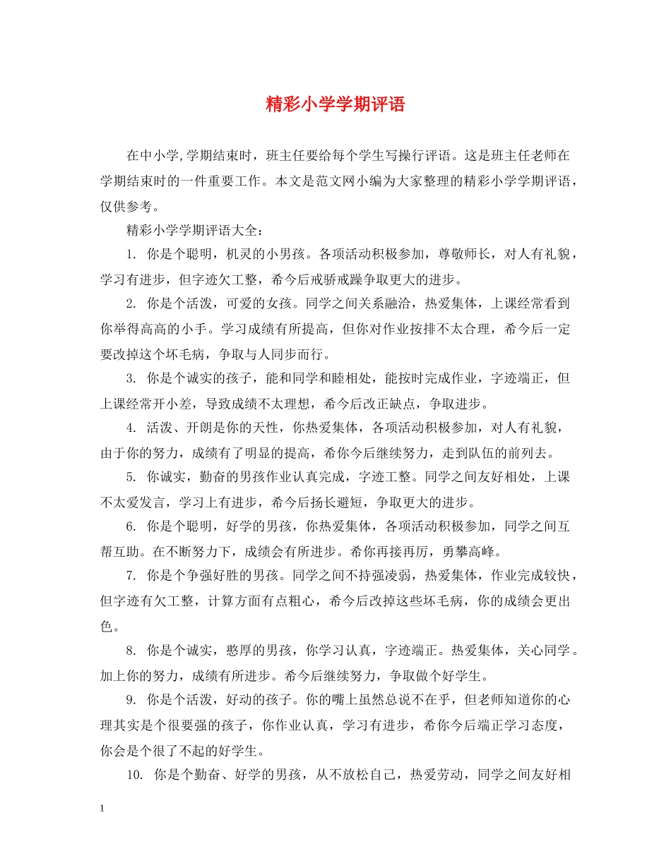 精彩小学学期评语 _第1页