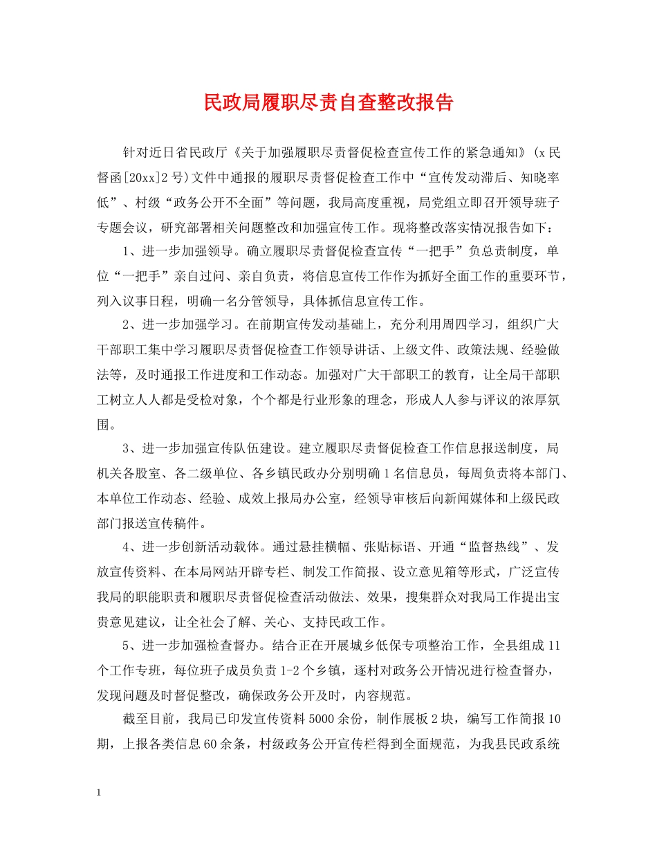 民政局履职尽责自查整改报告 _第1页