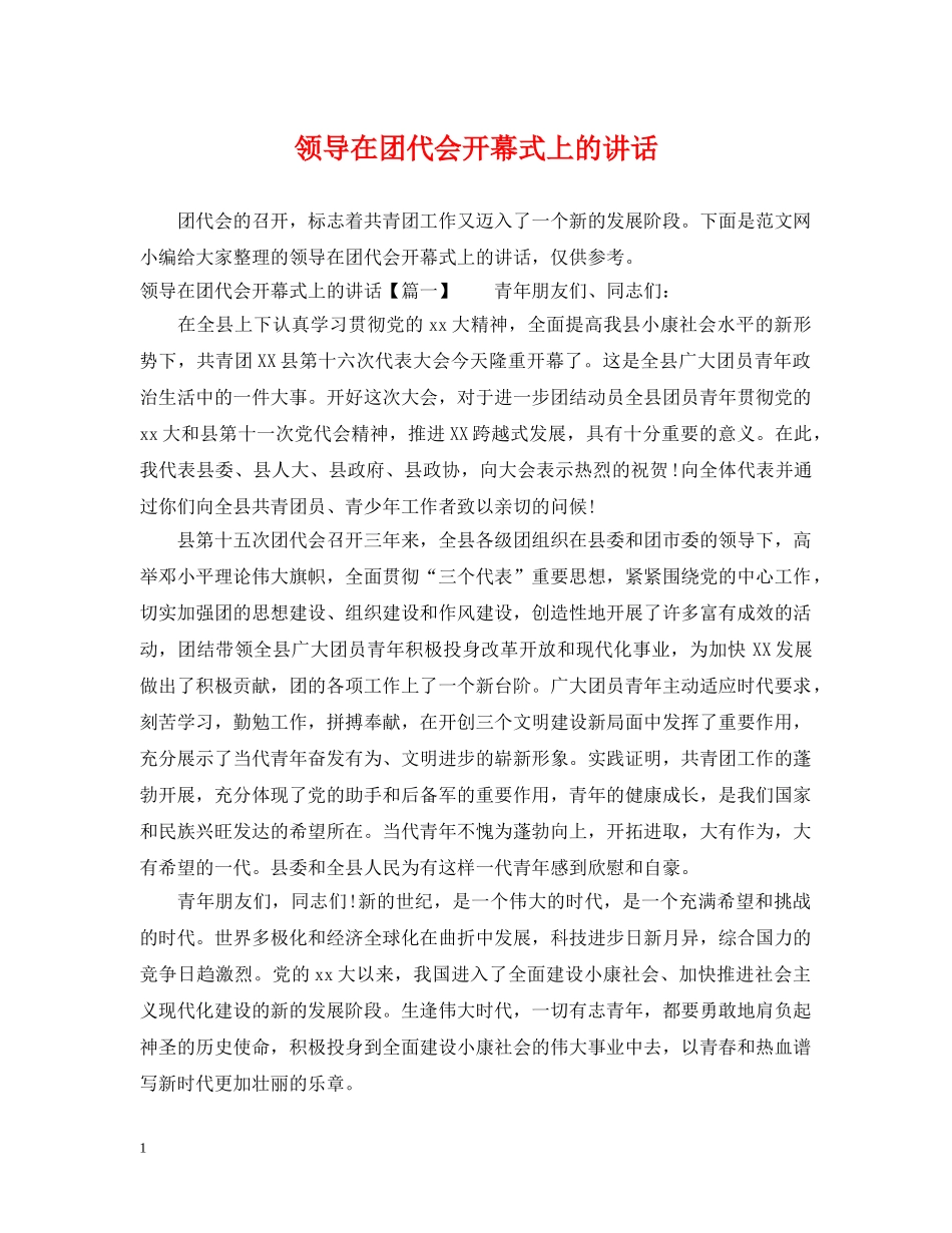 领导在团代会开幕式上的讲话 _第1页