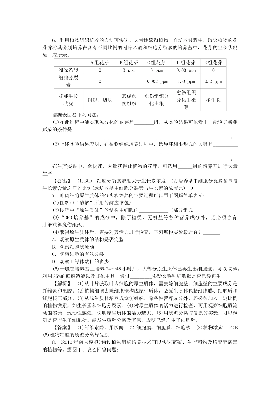 龙门亮剑高三生物一轮复习 专题3 植物的组织培养技术练习 新人教版选修1 _第2页
