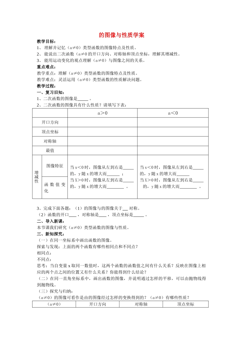 九级数学下册 2722二次函数 的图像与性质学案无答案华东师大版_第1页