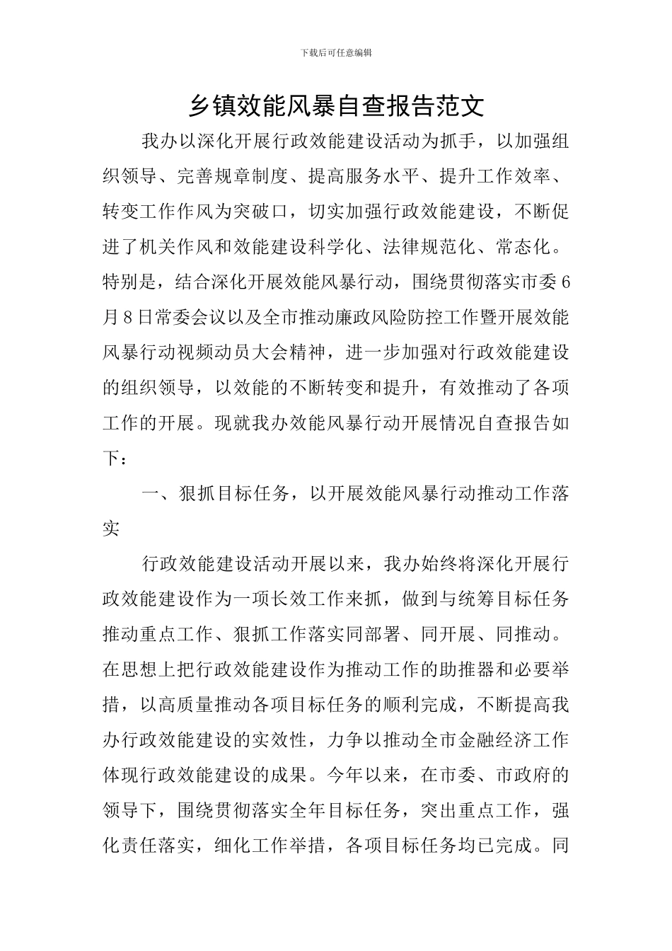 乡镇效能风暴自查报告范文_第1页