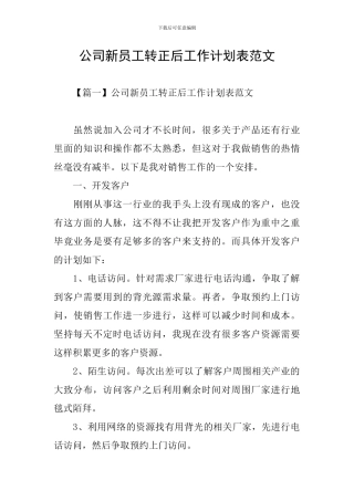 公司新员工转正后工作计划表范文