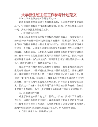 大学新生班主任工作参考计划范文 