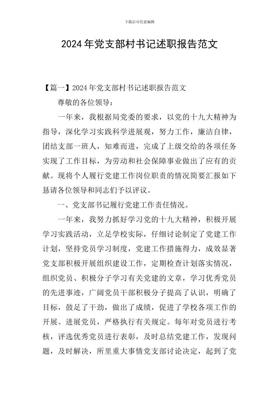 2024年党支部村书记述职报告范文_第1页