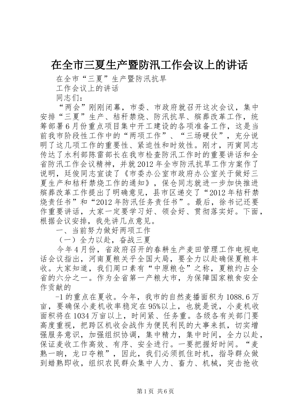 在全市三夏生产暨防汛工作会议上的讲话发言_第1页