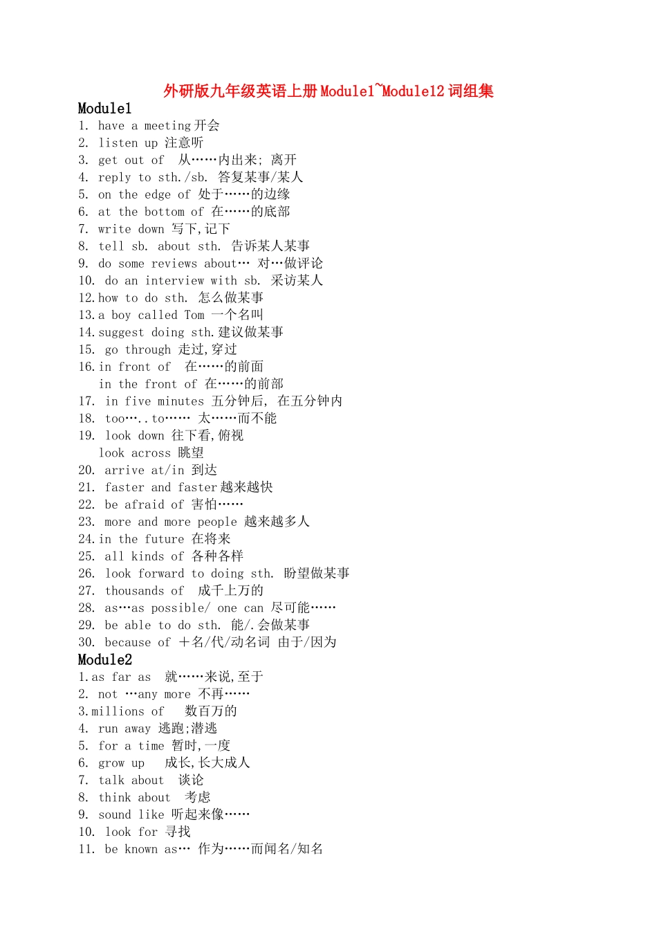 九级英语上册 Module1Module12词组集 外研版_第1页