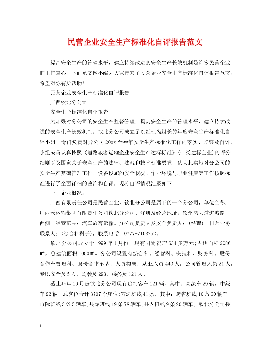 民营企业安全生产标准化自评报告范文 _第1页