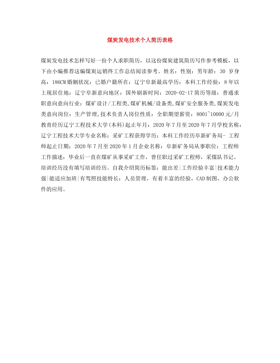 煤炭发电技术个人简历表格 _第1页