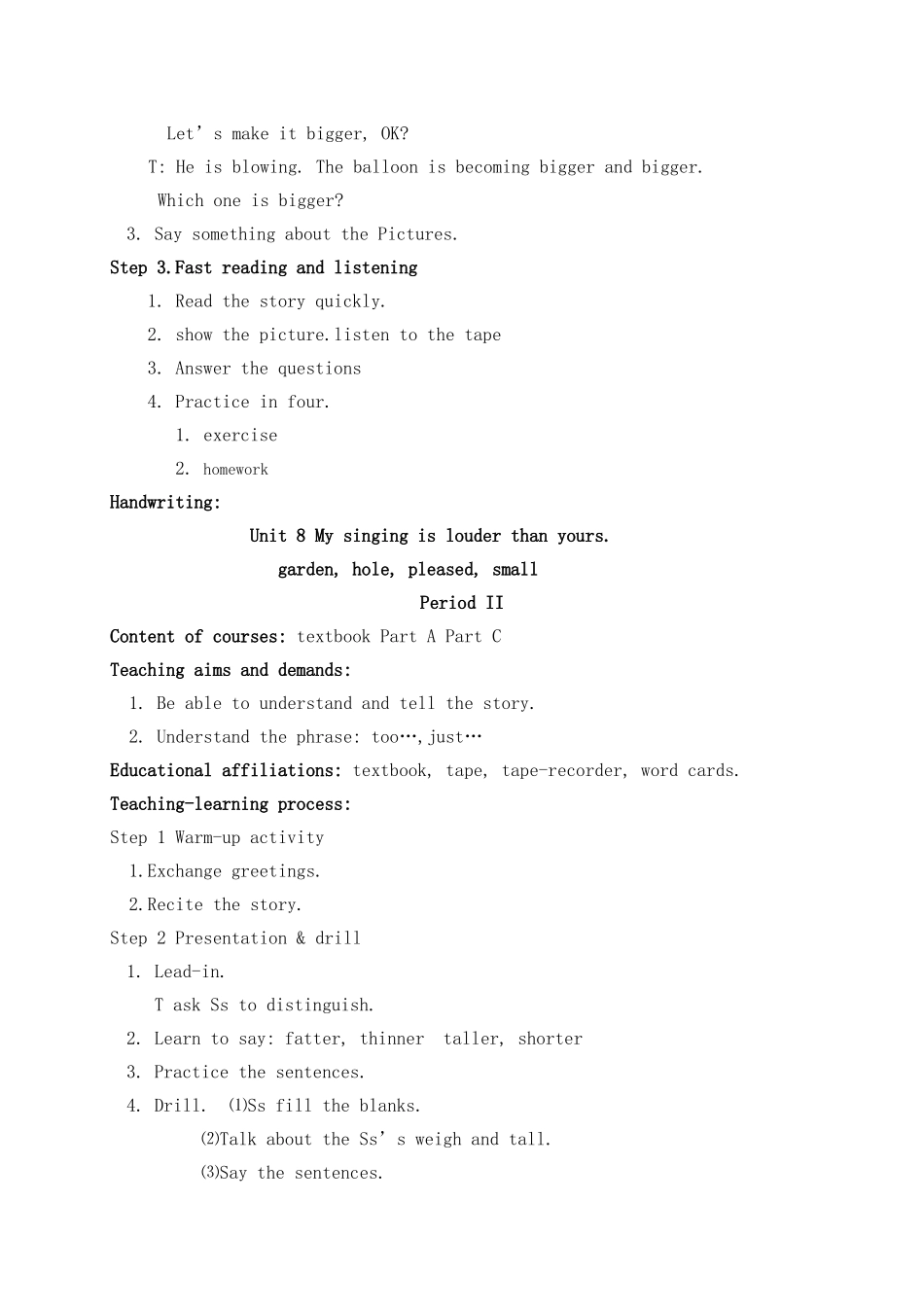 六级英语上册 Unit 8 My singing is louder than yours教案 湘少版_第2页