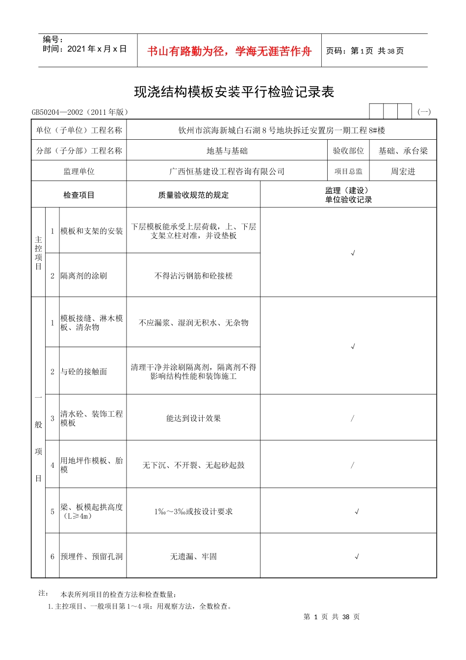 现浇结构模板安装检验批质量验收记录_第1页