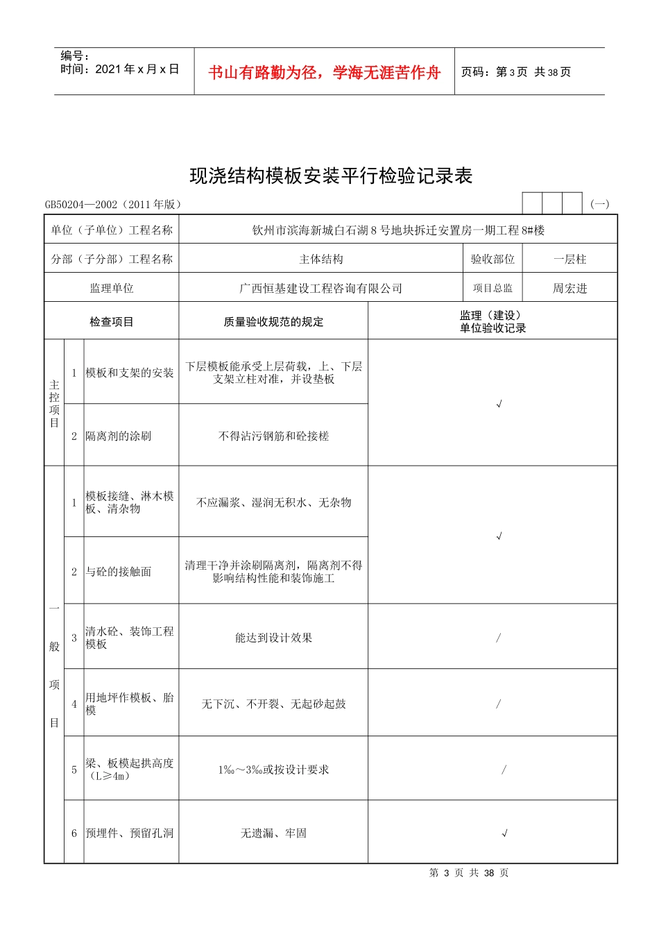现浇结构模板安装检验批质量验收记录_第3页